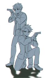 Rule 34 | 2boys, absurdres, closed mouth, commentary request, etra-chan wa mita!, formal, full body, greyscale, gun, highres, holding, holding gun, holding weapon, jacket, kuroki (etra-chan wa mita!), long sleeves, male focus, monochrome, multiple boys, necktie, nyako (lhq3p), open clothes, open jacket, pants, serious, shoes, short hair, spiked hair, squatting, standing, suit, tokusa (etra-chan wa mita!), weapon