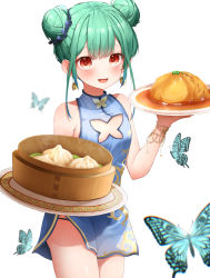 Rule 34 | 1girl, :d, absurdres, bamboo steamer, baozi, blue dress, blush, bug, butterfly, china dress, chinese clothes, cleavage cutout, clothing cutout, cowboy shot, double bun, dress, earrings, food, green butterfly, green hair, hair bun, highres, holding, holding plate, hololive, insect, jewelry, looking at viewer, open mouth, panty straps, pepushi drow, plate, red eyes, short hair, simple background, skull earrings, sleeveless, sleeveless dress, smile, solo, standing, uruha rushia, virtual youtuber, white background
