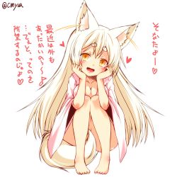 Rule 34 | 1girl, animal ear fluff, animal ears, barefoot, blush, breasts, fang, fox ears, fox tail, full body, heart, japanese clothes, kimono, kohaku (yua), large breasts, long hair, looking at viewer, no panties, open clothes, open kimono, open mouth, original, simple background, slit pupils, smile, solo, squatting, tail, translation request, twitter username, white background, white hair, yellow eyes, yua (checkmate)