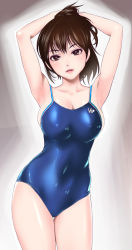 Rule 34 | 1girl, arms behind head, arms up, breasts, brown eyes, brown hair, buhiin, contrapposto, covered navel, erumanchi, large breasts, lips, one-piece swimsuit, original, parted lips, ponytail, realistic, school swimsuit, short hair, solo, standing, swimsuit