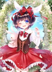 Rule 34 | 1girl, absurdres, arch, bad id, bad pixiv id, black hair, blue eyes, blue sky, bow, brooch, brown vest, dress, floral arch, grass, hair bow, hand up, highres, jewelry, long sleeves, one eye closed, open mouth, original, outdoors, red bow, red dress, red ribbon, ribbon, short hair, sky, smile, solo, standing, stuffed animal, stuffed rabbit, stuffed toy, vest, yuzuppi
