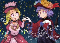 Rule 34 | 2girls, alternate costume, bat wings, black gloves, black wings, blonde hair, carte, flandre scarlet, gem, gloves, holding hands, looking at another, looking at viewer, multiple girls, open mouth, pointy ears, purple hair, red eyes, remilia scarlet, smile, touhou, white gloves, wings