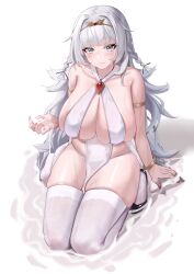 Rule 34 | 1girl, absurdres, alternate costume, armlet, azur lane, bare shoulders, black footwear, blush, bracelet, braid, breasts, closed mouth, collarbone, commission, curvy, gem, gold armlet, grey eyes, grey hair, hand up, highres, huge breasts, jewelry, kaijiba, long hair, panties, pelvic curtain, pink nails, pixiv commission, plump, pointy breasts, revealing clothes, sagging breasts, seiza, simple background, sitting, skindentation, solo, tiara, underwear, very long hair, vittorio veneto (azur lane), water, white background, white hair, white panties