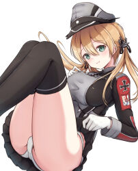 Rule 34 | 1girl, anchor hair ornament, ass, black skirt, black thighhighs, blonde hair, breasts, cross, gloves, green eyes, grey hat, hair between eyes, hair ornament, hat, iron cross, kantai collection, large breasts, long hair, low twintails, microskirt, military, military hat, military uniform, panties, peaked cap, pleated skirt, prinz eugen (kancolle), skirt, smile, solo, sudachineko, thighhighs, twintails, underwear, uniform, white gloves, white panties