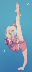 Rule 34 | &gt;:), 10s, 1girl, alphabet (alphabetnoon), arched back, bad anatomy, bad id, bad pixiv id, barefoot, blue background, blue eyes, bow, closed mouth, eromanga sensei, feet, foreshortening, frills, from side, grey hair, hair bow, highres, izumi sagiri, long hair, long sleeves, looking at viewer, md5 mismatch, navel, pajamas, purple bow, resolution mismatch, shorts, smile, smug, solo, split, standing, standing on one leg, star (symbol), stretching, tareme, toes, v, v-shaped eyebrows