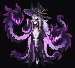 Rule 34 | 1girl, black background, breasts, claws, commentary, english commentary, fantasy, full body, hat, highres, large breasts, long hair, looking at viewer, original, pale skin, purple eyes, purple hair, sea slug girl, slug girl, solo, squeaky (artist), tentacles, witch hat