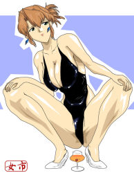 Rule 34 | 1990s (style), 1girl, agent aika, aika (series), black one-piece swimsuit, breasts, brown hair, casual one-piece swimsuit, cherry, cleavage, drink, earrings, food, fruit, high cut, high heels, highleg, highleg swimsuit, jewelry, large breasts, lipstick, makeup, one-piece swimsuit, outline, retro artstyle, shoes, short hair, skin tight, solo, spread legs, squatting, sumeragi aika, swimsuit, translation request, white footwear