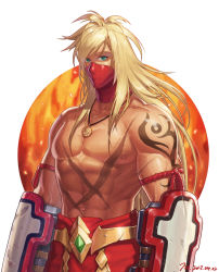 Rule 34 | 1boy, abs, arm tattoo, armband, artist name, bara, belt, biceps, blonde hair, covered mouth, dungeon and fighter, fighter (dungeon and fighter), fire, gauntlets, green eyes, jewelry, jin (sirius-j), large pectorals, long hair, looking at viewer, male fighter (dungeon and fighter), male focus, manly, mask, mature male, muscular, muscular male, necklace, nipples, pants, pectorals, scar, scar on chest, scar on stomach, solo, tattoo, thick arms, topless male, veins, veiny arms