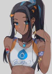 Rule 34 | 1girl, alternate hairstyle, armlet, black hair, blue eyes, blue hair, breasts, closed mouth, commentary request, creatures (company), crop top, dark-skinned female, dark skin, earrings, game freak, grey background, hair ornament, hand up, highres, hoop earrings, jewelry, long hair, multicolored hair, necklace, nessa (pokemon), nintendo, pokemon, pokemon swsh, ponytail, sidelocks, simple background, small breasts, solo, two-tone hair, ume (ume 445), upper body