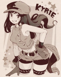 Rule 34 | 1girl, absurdres, bare shoulders, belt, bike shorts, bike shorts under shorts, breasts, cabbie hat, character name, final fantasy, final fantasy vii, final fantasy vii remake, gloves, greyscale, hat, highres, kyrie canaan, midriff, monochrome, navel, pantyhose, sho.t, shorts, sleeveless, smile, solo, square enix, striped clothes, striped legwear, striped pantyhose, teeth