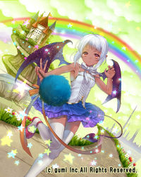 Rule 34 | 1girl, ahoge, bow, castle, company name, dark-skinned female, dark skin, demon tail, demon wings, flag, hanekoto, leg up, neck ribbon, pointy ears, red eyes, ribbon, shoes, short hair, silver hair, skirt, sky, solo, standing, star (symbol), tail, thighhighs, white thighhighs, wings