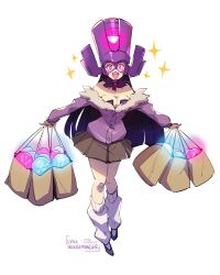 Rule 34 | 1girl, artist name, bag, black hair, blush stickers, bodysuit, bodysuit under clothes, breasts, cleavage, female focus, full body, galacta, happy, helmet, highres, holding, holding bag, large breasts, long hair, looking at viewer, lynxnickromancer, marvel, medium breasts, neon trim, open mouth, purple eyes, smile, very long hair