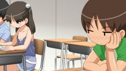 Rule 34 | 1boy, 1girl, anda (pennyroyal tea), bare shoulders, black hair, blush, book, breasts, brown eyes, brown hair, camisole, chair, character request, child, classroom, collarbone, commentary request, desk, flat chest, flower, frilled skirt, frills, game cg, hair flower, hair ornament, head rest, indoors, looking at another, looking to the side, open book, original, reading, school, school desk, sitting, skirt, small breasts, spaghetti strap, tank top, upper body