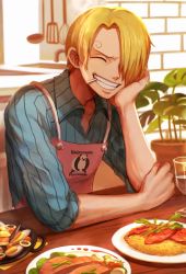 Rule 34 | 1boy, apron, blonde hair, blouse, blue shirt, cigarette, closed eyes, collared shirt, commentary request, facial hair, food, happy, highres, mouth hold, oekakiboya, one piece, plate, sanji (one piece), shirt, short hair, sitting, sleeves rolled up, smile, smoking, solo, striped clothes, striped shirt, stubble, teeth hold