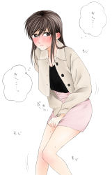 Rule 34 | 1girl, absurdres, blush, breasts, brown eyes, brown hair, buttons, collarbone, embarrassed, feet out of frame, female focus, have to pee, highres, japanese text, medium hair, mitaray, original, pencil skirt, pink skirt, simple background, skirt, small breasts, standing, sweat, tearing up, thought bubble, translated, white background