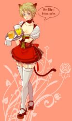 Rule 34 | 1girl, alcohol, animal ears, axis powers hetalia, beer, blush, breasts, cat ears, cheese, cleavage, food, garter straps, gender request, genderswap, germany (hetalia), highres, large breasts, looking at viewer, mary janes, shoes, simple background, skirt, skirt set, solo, strap, tail, thighhighs