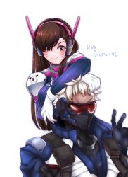 Rule 34 | 1boy, 1girl, blue gloves, blue jacket, blush, bodysuit, brown eyes, brown hair, character name, closed mouth, covered erect nipples, d.va (overwatch), facial mark, gloves, headgear, jacket, long hair, mask, otani (kota12ro08), overwatch, overwatch 1, pouch, scar, scar on face, signature, smile, soldier: 76 (overwatch), twitter username, upper body, v, visor, white hair