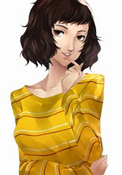 Rule 34 | 1girl, breasts, brown eyes, brown hair, collarbone, curly hair, finger to mouth, highres, kawakami sadayo, lips, looking at viewer, looking up, mature female, medium breasts, parted lips, persona, persona 5, pertex 777, shirt, short hair, simple background, smile, solo, striped clothes, striped shirt, white background