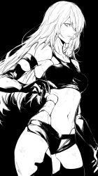 Rule 34 | 1girl, a2 (nier:automata), absurdres, android, bare shoulders, black background, breasts, commentary request, elbow gloves, gloves, greyscale, highres, joints, long hair, looking at viewer, medium breasts, midriff, mole, mole under mouth, monochrome, navel, nier:automata, nier (series), nishiii26miii, short shorts, shorts, simple background, sleeveless, stomach, tank top