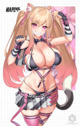 Rule 34 | 1girl, absurdres, alternate hairstyle, animal ears, arm warmers, arms up, artist logo, bare shoulders, bikini, black bikini, black gloves, black nails, black skirt, blonde hair, blush, breasts, cat ears, cat tail, character name, chest harness, choker, cleavage, collarbone, colored tips, commentary, commission, cosplay, cowboy shot, detached collar, ear piercing, english commentary, fingerless gloves, gloves, goddess of victory: nikke, gradient hair, grin, hair between eyes, hair ribbon, harness, highres, kitagawa marin, large breasts, long hair, looking at viewer, multicolored hair, navel, nero (nikke), nero (nikke) (cosplay), nez-box, paw pose, piercing, pink eyes, pink thighhighs, pleated skirt, ribbon, sidelocks, single thighhigh, skindentation, skirt, smile, solo, sono bisque doll wa koi wo suru, standing, stomach, swimsuit, tail, teeth, thighhighs, twintails, two-tone bikini, two-tone skirt, white bikini, white skirt, zoom layer