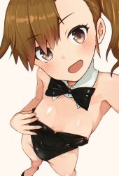 Rule 34 | 1girl, asymmetrical bangs, black bow, black bowtie, black leotard, blush, bow, bowtie, breasts, brown hair, detached collar, futami mami, groin, highres, idolmaster, idolmaster (classic), idolmaster million live!, koremata shikari, leotard, leotard tug, looking at viewer, looking up, playboy bunny, selfie, side ponytail, simple background, small breasts, smile, solo, white background