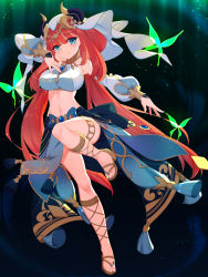 Rule 34 | 1girl, bare shoulders, blue eyes, breasts, bug, butterfly, circlet, closed mouth, detached sleeves, full body, genshin impact, highres, horns, insect, large breasts, leg up, long hair, midriff, narrow waist, navel, nilou (genshin impact), red hair, rx7649, sandals, smile, solo, stomach, veil, very long hair