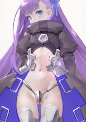 Rule 34 | 1girl, armor, armored boots, ass, blue eyes, blue ribbon, boots, commentary request, crotch plate, fate/grand order, fate (series), flat chest, hair ribbon, highres, long hair, long sleeves, looking at viewer, meltryllis (fate), navel, puffy sleeves, purple hair, revealing clothes, ribbon, shrug (clothing), simple background, sleeves past wrists, solo, very long hair, white background, yunar