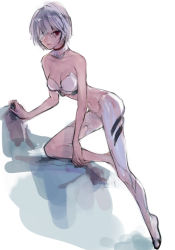 Rule 34 | 1girl, ayanami rei, bad id, bad pixiv id, bandages, bare shoulders, breasts, kuzuvine, midriff, navel, neon genesis evangelion, red eyes, shoes, short hair, single shoe, small breasts, solo, torn clothes