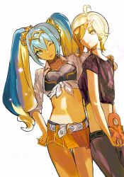 Rule 34 | 2girls, arms behind back, belt, blonde hair, blue hair, celeb rose iinfluencers, crop top, duel monster, fanconi, highres, midriff, miniskirt, multicolored hair, multiple girls, one eye closed, pants, shirt, skirt, stomach, sunglasses, tied shirt, twintails, yellow eyes, yu-gi-oh!, yu-gi-oh! rush duel