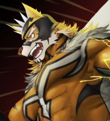 Rule 34 | 1boy, absurdres, animal ears, bara, beige fur, bodysuit, cape, close-up, covered abs, facial hair, fighting stance, from side, furry, furry male, goatee, highres, large pectorals, lightning, live a hero, looking to the side, male focus, mask, mature male, muscular, muscular male, orange bodysuit, orange fur, pectorals, ryekie (live a hero), short hair, solo, spikes, tiger boy, tiger ears, tokuni (toktoktokuni), two-tone fur, white cape