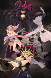 Rule 34 | 2boys, 2girls, arm up, bare shoulders, belt, black hair, blonde hair, blush, bracelet, breasts, brown hair, card, cleavage, closed eyes, covered navel, dark magician girl, dyed bangs, frown, highres, holding, holding card, jewelry, leotard, long hair, multiple boys, multiple girls, muto yugi, necklace, one eye closed, playing card, purple eyes, sdr1989, seto kousuke, smile, wings, yu-gi-oh!, yu-gi-oh! duel monsters