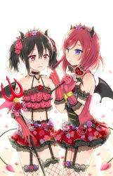 Rule 34 | 2girls, arm tattoo, armlet, arms up, bare shoulders, bead bracelet, beads, black hair, blush, bound, bound wrists, bow, bracelet, breasts, camisole, center frills, chinese commentary, choker, closed mouth, collarbone, commentary request, cowboy shot, crop top, demon horns, demon tail, demon wings, dress, earrings, elbow gloves, eyes visible through hair, fake horns, fishnet legwear, fishnets, floral print, flower, frilled dress, frilled skirt, frills, fur, garter straps, gloves, hair beads, hair between eyes, hair bow, hair flower, hair ornament, twirling hair, hairclip, heart, heart tattoo, highres, holding, holding wand, holding weapon, horns, jewelry, lace, lace-trimmed dress, lace-trimmed gloves, lace-trimmed legwear, lace-trimmed skirt, lace trim, layered dress, layered skirt, love live!, love live! school idol festival, love live! school idol project, midriff, miniskirt, multiple girls, navel, nishikino maki, own hands together, parted bangs, petals, pink bow, pink flower, pink gloves, pink rose, playing with another&#039;s hair, polearm, polka dot, polka dot bow, polka dot camisole, print dress, print skirt, purple eyes, purple flower, purple rose, red bow, red eyes, red flower, red hair, red rose, rose, rose print, see-through, shenmeren, short dress, short hair, short twintails, skirt, sleeveless, sleeveless dress, small breasts, smirk, standing, stomach, striped clothes, striped gloves, suspender skirt, suspenders, tail, tattoo, thighhighs, tiara, trident, tsurime, twintails, vertical-striped clothes, vertical-striped gloves, wand, weapon, white background, wings, yazawa nico