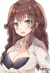 Rule 34 | 1girl, bikini, bikini under clothes, blue bikini, blush, braid, breasts, brown hair, cleavage, green eyes, hair ribbon, hatomaru (hatomaru56), kantai collection, large breasts, long hair, noshiro (kancolle), one-hour drawing challenge, open mouth, ribbon, shirt, solo, swimsuit, swimsuit under clothes, tied shirt, twin braids, twitter username, upper body, white shirt