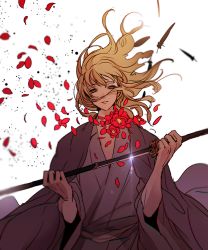Rule 34 | 1boy, brown hair, expressionless, feathers, flower, gintama, holding, holding sword, holding weapon, japanese clothes, long hair, petals, red flower, sheath, sword, trap, weapon, white background, yoshida shouyou, yuuki (mnm217)