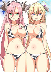 Rule 34 | 2girls, absurdres, akari (blue archive), alternate costume, animal print, bikini, blonde hair, blue archive, blue eyes, blush, breasts, cow print, green eyes, halo, highres, horns, juri (blue archive), large breasts, long hair, looking at viewer, multiple girls, navel, pink hair, shirayuki aiki, simple background, standing, swimsuit, white background