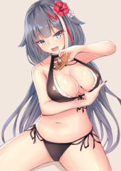 Rule 34 | 1girl, akamin, alternate costume, azur lane, beige background, bikini, black bikini, black nails, blue eyes, blush, breasts, breasts squeezed together, cleavage, collarbone, deutschland (azur lane), deutschland (service time?!) (azur lane), flower, grey hair, groin, hair flower, hair ornament, head tilt, large breasts, long hair, looking at viewer, lotion, multicolored hair, nail polish, navel, open mouth, red hair, side-tie bikini bottom, simple background, sitting, skindentation, smile, solo, stomach, streaked hair, sunscreen, swimsuit, thighs, tsurime, very long hair