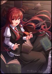 Rule 34 | 1girl, bat wings, black skirt, black vest, book, collared shirt, commentary, emoriza, frilled skirt, frilled vest, frills, head wings, highres, indoors, juliet sleeves, koakuma, long hair, long sleeves, looking at viewer, multiple wings, necktie, open mouth, puffy sleeves, red eyes, red hair, red necktie, shirt, signature, sitting, skirt, solo, touhou, twitter username, vest, white shirt, wings
