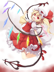 Rule 34 | 1girl, :d, ascot, bad id, bad pixiv id, bare legs, blonde hair, bobby socks, fangs, flandre scarlet, frilled skirt, frills, hat, hat ribbon, highres, laevatein, mary janes, mob cap, nanahan, open mouth, puffy short sleeves, puffy sleeves, red eyes, ribbon, shoes, short hair, short sleeves, side ponytail, skirt, smile, socks, touhou