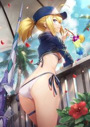 Rule 34 | 1girl, against railing, ahoge, artoria pendragon (fate), ass, baseball cap, bikini, blonde hair, blue eyes, breasts, butt crack, cocktail glass, cropped jacket, cup, drinking glass, drinking straw, elbow rest, fate/grand order, fate (series), flower, food, from behind, fruit, gabiran, hair through headwear, hat, hibiscus, against railing, lens flare, long hair, long sleeves, looking at viewer, looking back, medium breasts, medium hair, mysterious heroine x (fate), mysterious heroine xx (fate), orange (fruit), orange slice, palm tree, petals, ponytail, railing, shrug (clothing), side-tie bikini bottom, solo, standing, string bikini, sunlight, swimsuit, thigh strap, thighs, tree, umbrella, weapon, wet, white bikini