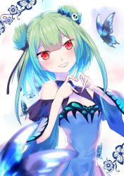 Rule 34 | 1girl, animal print, blue dress, blue hair, blue sleeves, bug, butterfly, butterfly print, double bun, dress, frilled straps, gothic lolita, gradient hair, green hair, hair bun, hair ornament, hair ribbon, heart, heart hands, highres, hololive, insect, lolita fashion, looking at viewer, medium hair, multicolored hair, off-shoulder dress, off shoulder, red eyes, ribbon, short twintails, sidelocks, skull hair ornament, solo, tenamaru, twintails, uruha rushia, uruha rushia (1st costume), virtual youtuber