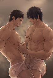 Rule 34 | 2boys, abs, adventurer (ff14), ardbert hylfyst, bara, black hair, breath, brown hair, bulge, bulge press, bulges touching, chachi (soulga), couple, erection, erection under clothes, facial hair, final fantasy, final fantasy xiv, frottage, grabbing, happy sex, large pectorals, male focus, male underwear, mature male, multiple boys, muscular, muscular male, navel hair, nipple pull, nipple stimulation, nipples, pectoral grab, pectorals, penis, penises touching, pulling, short hair, smile, stomach, stubble, thick thighs, thighs, underwear, underwear only, warrior of light (ff14), wet, wet clothes, wet male underwear, white male underwear, yaoi