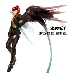 Rule 34 | 1girl, 2ne1, belt, black thighhighs, bom (2ne1), character name, copyright name, female focus, gd choco, hand on own hip, high heels, highres, jacket, k-pop, long hair, looking at viewer, miniskirt, musician, nail polish, ponytail, realistic, red hair, shoes, simple background, skirt, solo, standing, straight hair, thighhighs, toeless legwear, toenail polish, toenails, toes, wings, zettai ryouiki