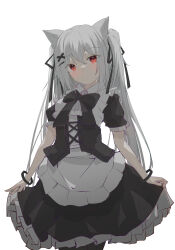 Rule 34 | 1girl, animal ears, apron, black bow, black bracelet, black dress, black ribbon, bow, bracelet, cat ears, collar, commentary request, dress, fuia, hair ornament, hair ribbon, hairclip, highres, jewelry, long hair, looking at viewer, maid, maid apron, original, red eyes, ribbon, short sleeves, simple background, smile, solo, white apron, white background, white hair, x hair ornament