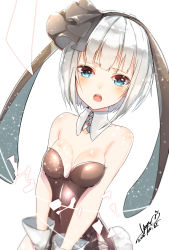Rule 34 | 1girl, animal ears, bad id, bad pixiv id, bare shoulders, black hairband, blue eyes, blunt bangs, blush, breasts, cleavage, dated, detached collar, ears down, fake animal ears, hairband, highres, hip focus, konpaku youmu, leotard, light particles, looking at viewer, open mouth, playboy bunny, rabbit ears, rabbit tail, round teeth, short hair, signature, silver hair, small breasts, solo, tail, teeth, touhou, varyu, white background, wrist cuffs