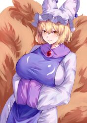 Rule 34 | 1girl, blonde hair, breasts, closed mouth, dress, fox tail, hands in opposite sleeves, hat, highres, large breasts, looking at viewer, mirufui, mob cap, multiple tails, orange eyes, short hair, simple background, smile, solo, tabard, tail, touhou, white background, white dress, white hat, yakumo ran