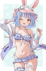 Rule 34 | 1girl, :d, animal ear fluff, animal ears, bikini, bikini skirt, blue background, blue bikini, blue hair, blush, breasts, commentary request, cowboy shot, gluteal fold, hat ornament, highres, hololive, jacket, leg ribbon, minazuki mizu, navel, official alternate costume, one eye closed, open clothes, open jacket, open mouth, orange eyes, rabbit-shaped pupils, rabbit background, rabbit ears, rabbit girl, rabbit hat ornament, ribbon, short eyebrows, short hair, side-tie bikini bottom, small breasts, smile, solo, standing, swimsuit, symbol-shaped pupils, thick eyebrows, thigh ribbon, two-tone background, usada pekora, usada pekora (summer), virtual youtuber, visor cap, white background, white ribbon, wrist ribbon