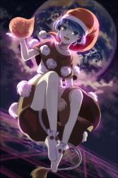 Rule 34 | 1girl, blob, blue eyes, blue hair, brown dress, capelet, convenient leg, doremy sweet, dress, earth (planet), hat, looking at viewer, matching hair/eyes, multicolored clothes, multicolored dress, nightcap, open mouth, planet, pom pom (clothes), silence girl, smile, solo, touhou, upskirt, white dress