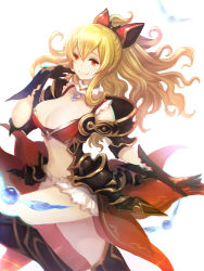 Rule 34 | 1girl, armor, armored dress, blonde hair, boots, breasts, cleavage, detached collar, gloves, granblue fantasy, hair between eyes, highres, knee boots, large breasts, liko (wlisa77), long hair, navel, red eyes, red ribbon, ribbon, smile, solo, thighs, vira (granblue fantasy), white background