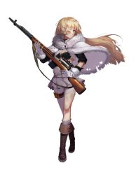 Rule 34 | 1girl, ammunition, black bra, blonde hair, blue eyes, blush, boots, bra, breasts, buttons, capelet, cleavage, cleavage cutout, clothing cutout, coat, denim, full body, fur-trimmed coat, fur-trimmed sleeves, fur trim, girls&#039; frontline, gloves, gun, hair lift, highres, holding, holding gun, holding weapon, jacket, jeans, large breasts, long hair, looking to the side, official art, one eye closed, pants, personification, pleated skirt, rifle, skirt, sniper rifle, solo, svt-38, svt-38 (girls&#039; frontline), torn clothes, torn jacket, torn jeans, torn pants, track jacket, transparent background, trigger discipline, underwear, very long hair, walking, weapon, white gloves, white jacket, white skirt