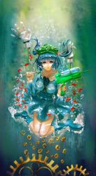 Rule 34 | 1girl, backpack, bag, blue eyes, blue hair, blush, boots, breasts, bubble, extra arms, fish, gears, hair bobbles, hair ornament, hat, highres, kawashiro nitori, key, mechanical arms, medium breasts, open mouth, short hair, single mechanical arm, skirt, touhou, twintails, two side up, water gun, wrench